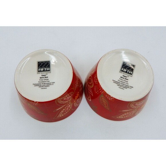 222 FIFTH Koson Spice Dark Porcelain Appetizer Bowls Set of 2 Red Floral Leaves - Picture 6 of 7